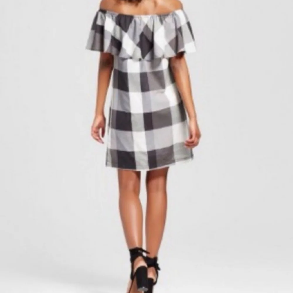Who What Wear Mini Dress Off The Shoulder Buffalo Plaid Checkered Black White M - Picture 2 of 15